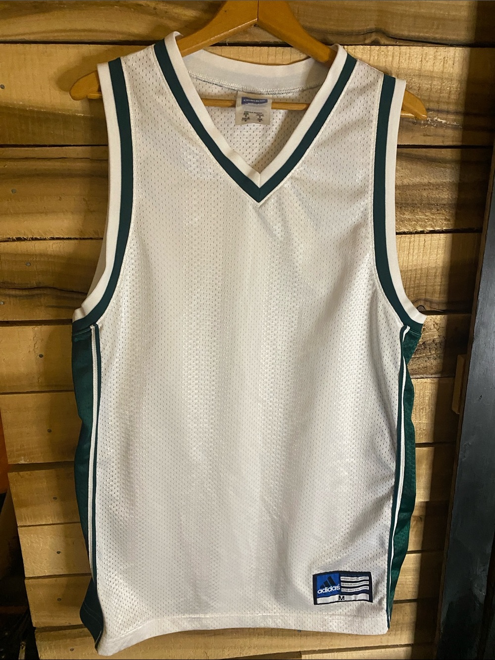 adidas White Mesh Basketball Jersey with Dark Green Trim size medium